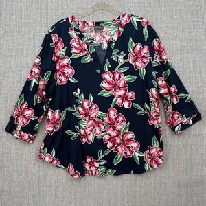 Van Heusen Cottage Floral Top Womens XXL Pink Navy 3/4 Sleeve Cotton Beach Fairy